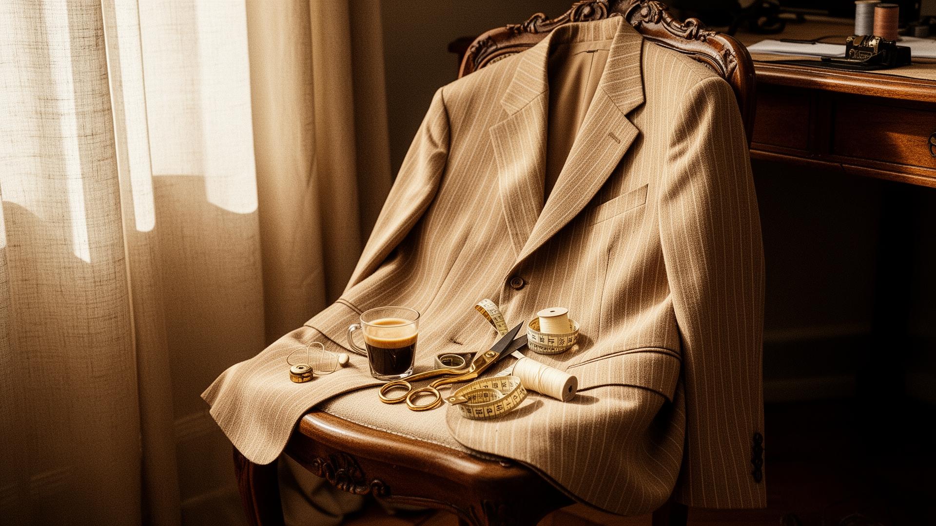 A sand pinstripe blazer draped on an antique chair with tailor's tools and an espresso