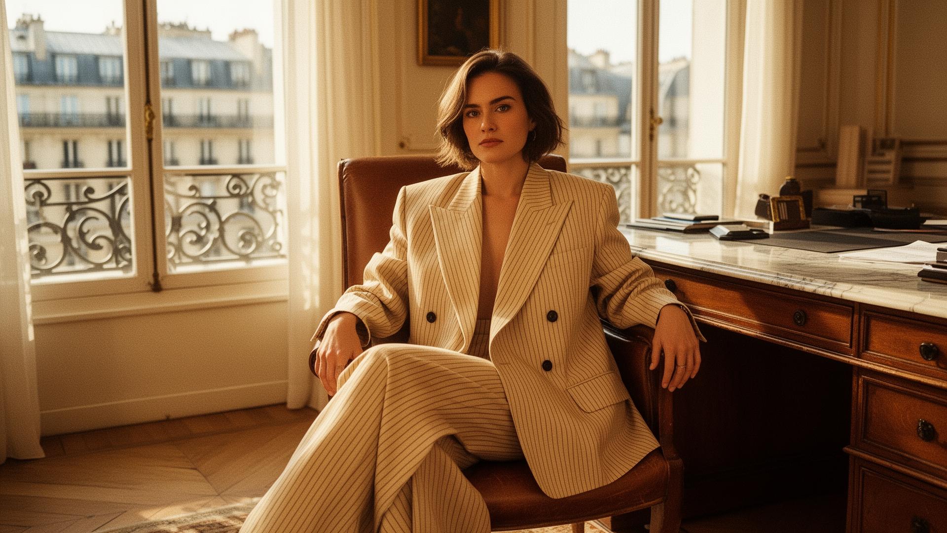 Back to Business sand pinstripe suit in a Paris penthouse