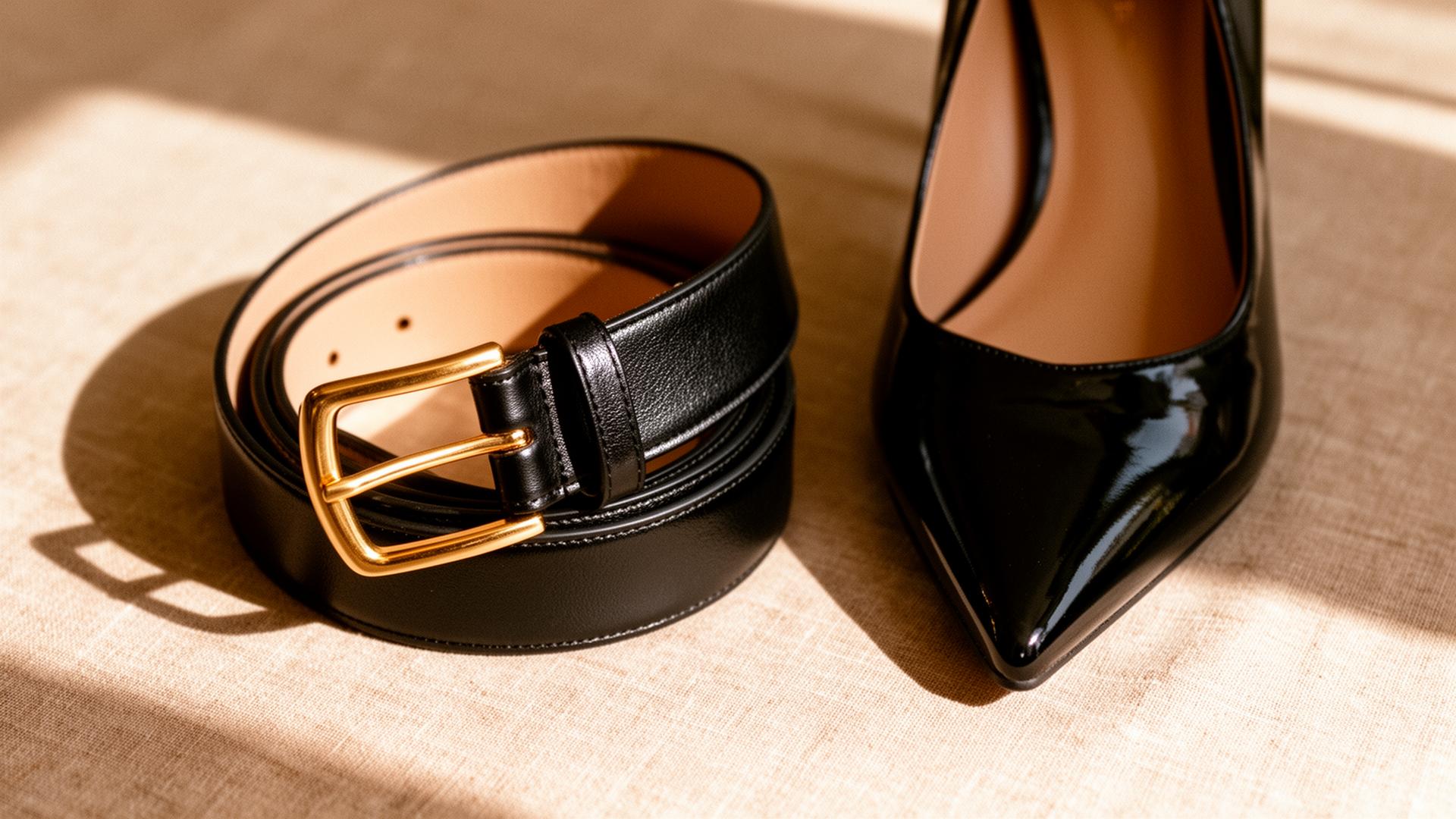 Black leather belt with gold buckle next to a black patent pointed-toe pump